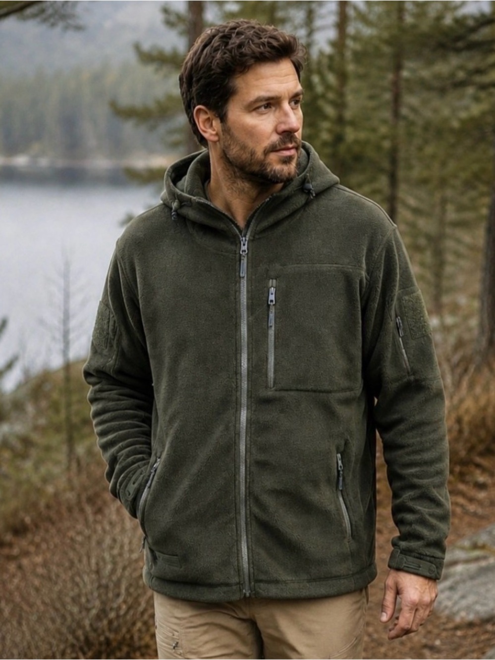 Baerskin Tactical Supply Fleece Jacket Mens Large Green Full Zip Hooded Hoodie